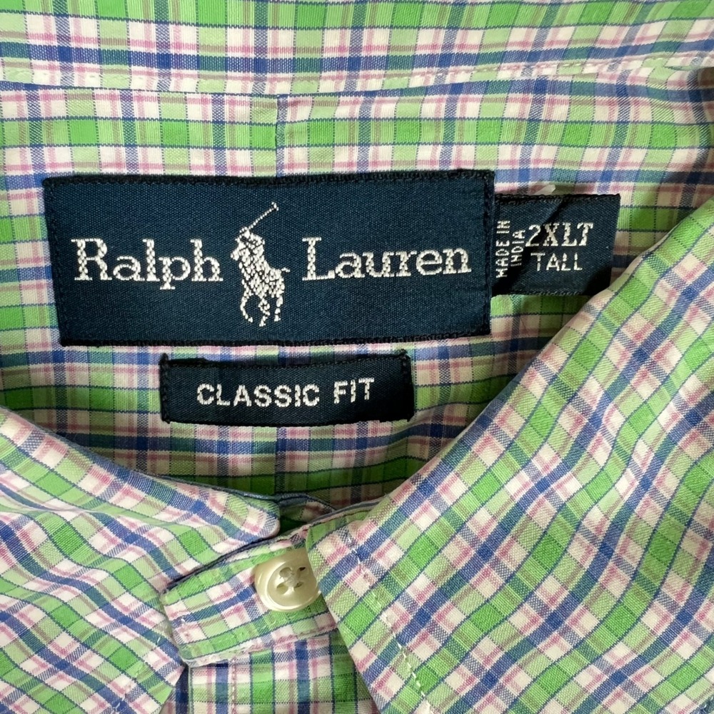 Ralph Lauren Men 2XLT Tall Classic Fit Plaid Button Down Shirt Green Blue Cotton - Picture 4 of 8